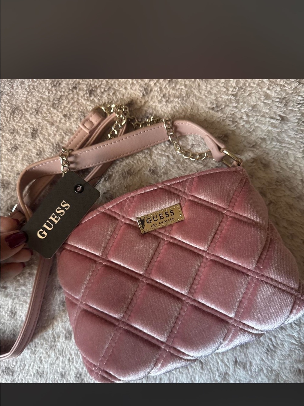 GUESS Blush Pink Quilted Velvet Crossbody with Gold Chain